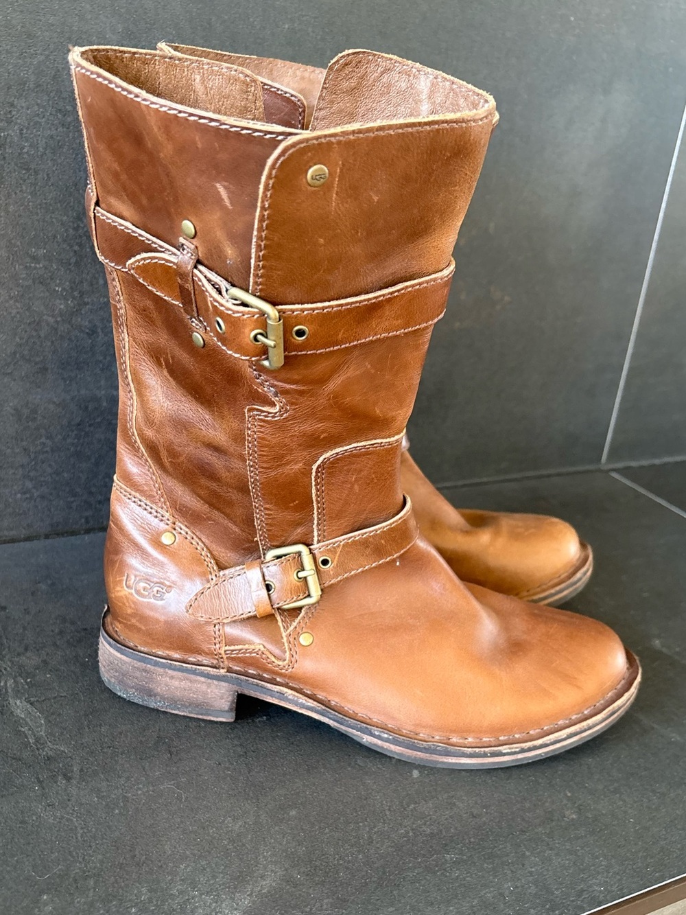 UGG Gillespie Distressed Leather Women’s Moto Biker Boots, Brown, Buckles, 6 1/2